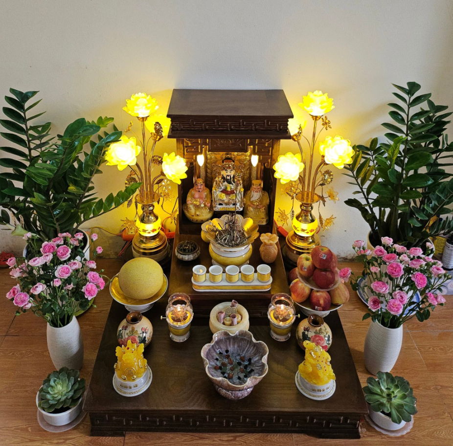 Bộ Đồ Thờ Thần Tài Thổ Địa Song Long Cổ Tự Hoa Sen Rát Vàng